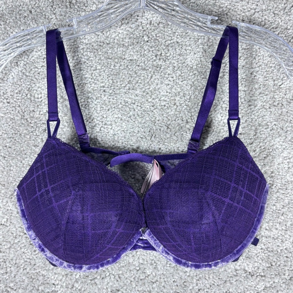 Victoria's Secret Push Up Bra Purple Velvet Trim Plaid Mesh 36D
